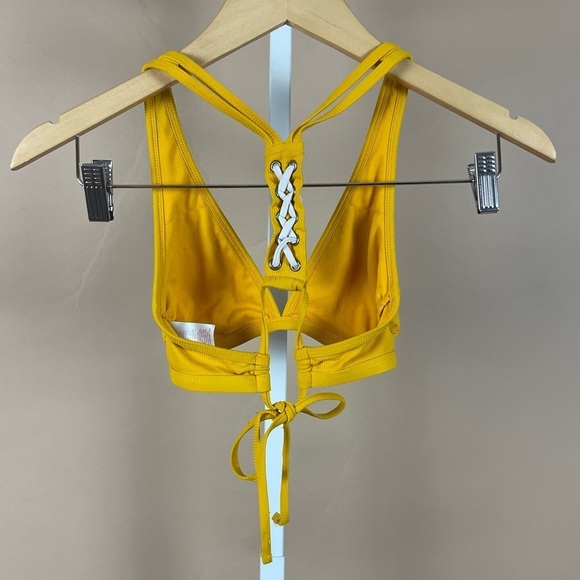 Target Xhilaration Size XS Mustard Yellow Sporty Bikini Top Ribbed Boho Deep V - Picture 2 of 6